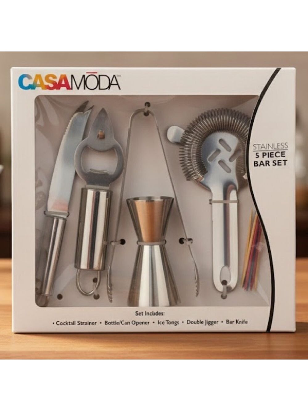 CASA MODA Stainless 5pc Bar Set Jigger Strainer Knife Opener Tongs NIB